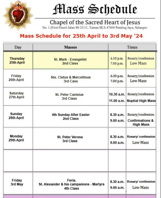 Mass schedule of the Chapel of the Sacred Heart of Jesus in Petaling Jaya, Malaysia